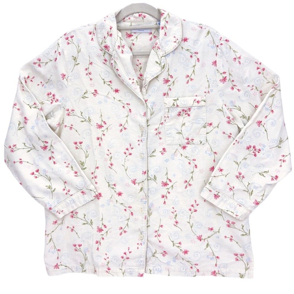 Erika Taylor Cream Pajama Top L Floral Cotton Flannel Button Front Long Sleeve